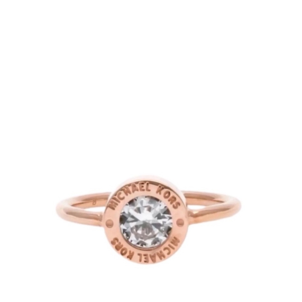 $89 Michael Kors Rose Gold-Tone Crystal Logo Ring size 6